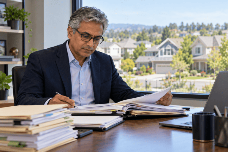 Portfolio lending professional reviewing residential property appraisal documents at an office desk