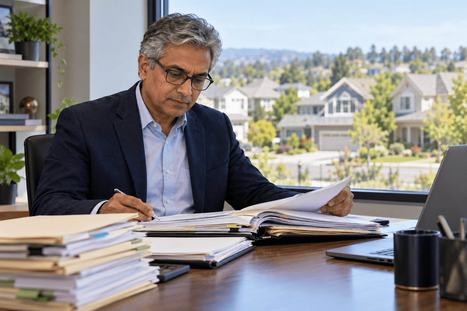 Portfolio lending professional reviewing residential property appraisal documents at an office desk