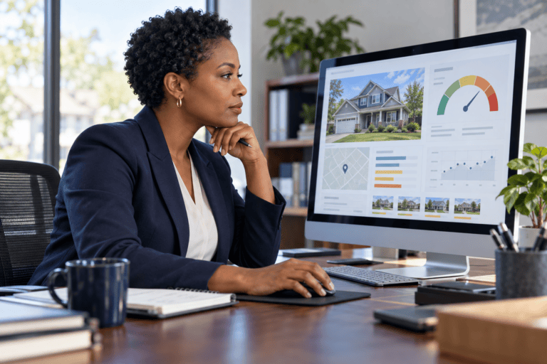 Mortgage professional reviewing property photos and appraisal risk information on a desktop monitor