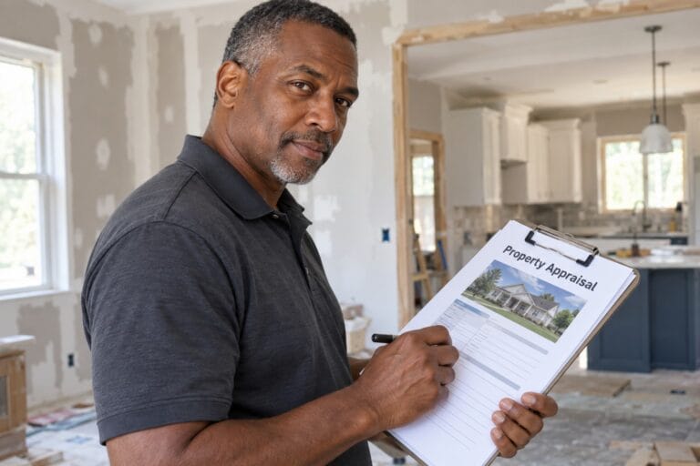 Appraiser holding a clearly visible property appraisal clipboard inside a home under renovation